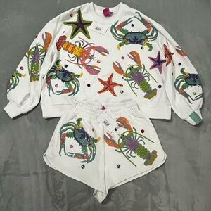 QUEEN OF SPARKLES White Sea Life Sweatshirt & Shorts Set